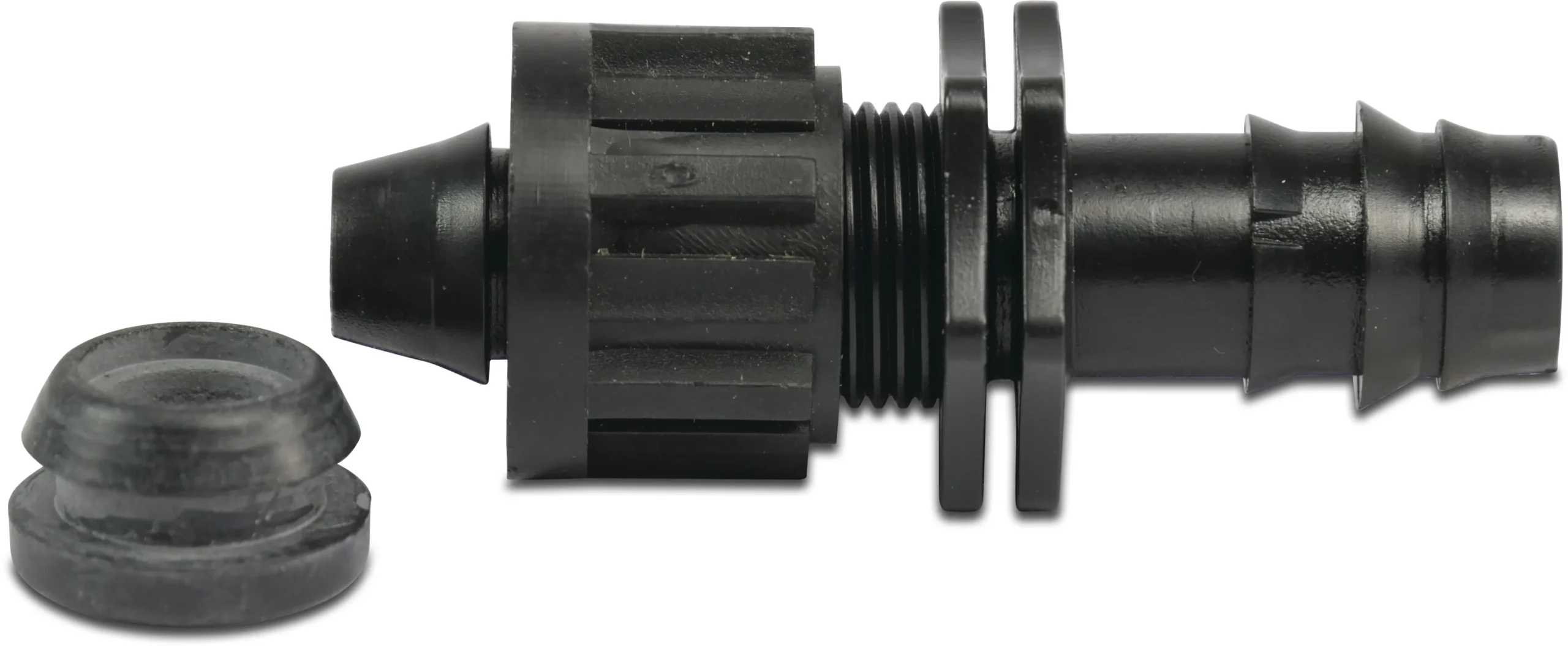 Złączka przyłączeniowa przejściowa z gumowym pierścieniem POM 8 mm x 20 mm wcisk x karbowane 4bar czarny typ regulowany